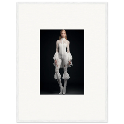 Woman in avant-garde white outfit with ruffled sleeves, perfect for framed wall art