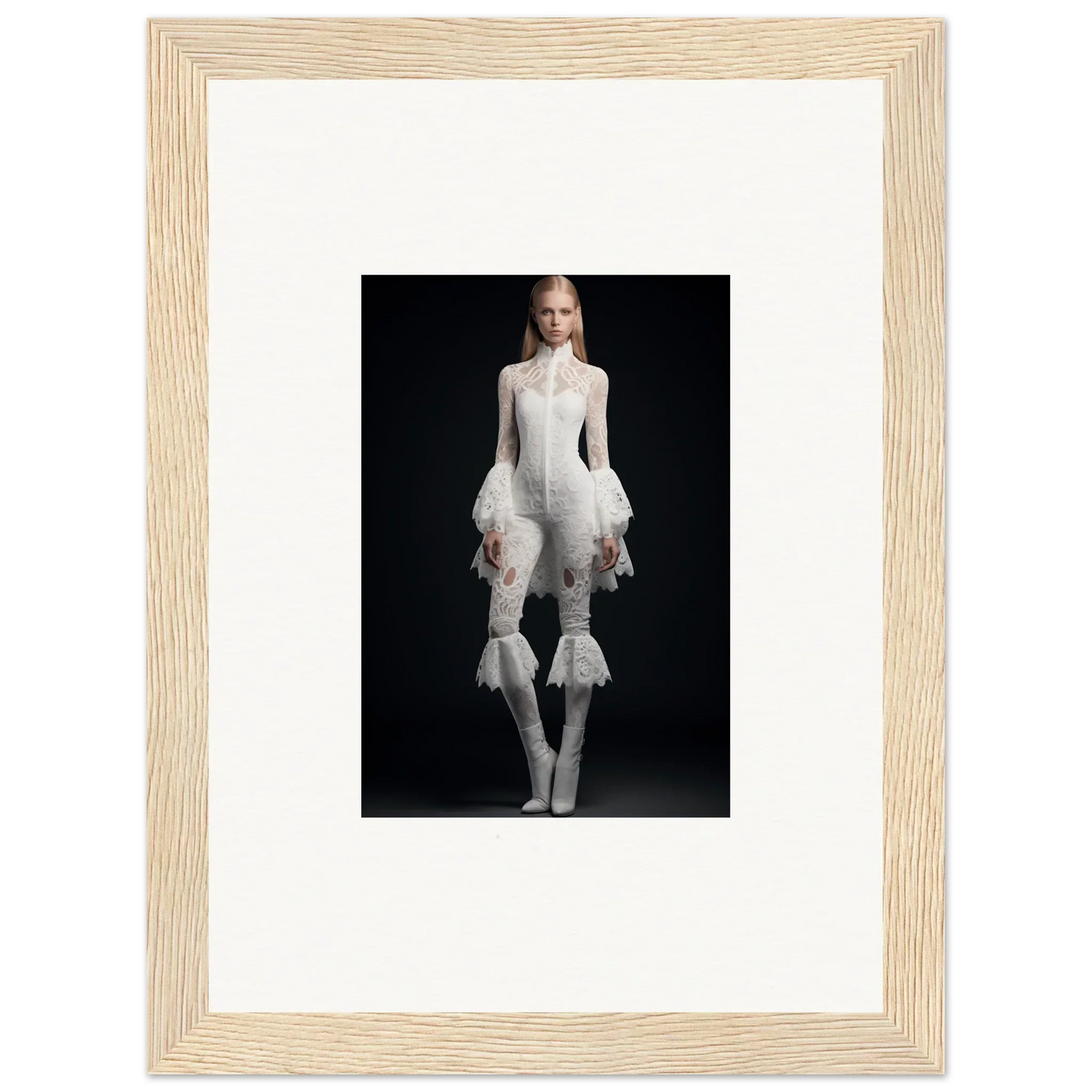 Framed wall art featuring a person in avant-garde white outfit with dramatic ruffles