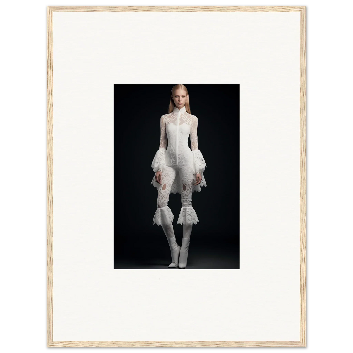 Framed wall art of a person in avant-garde white outfit, perfect for room decor