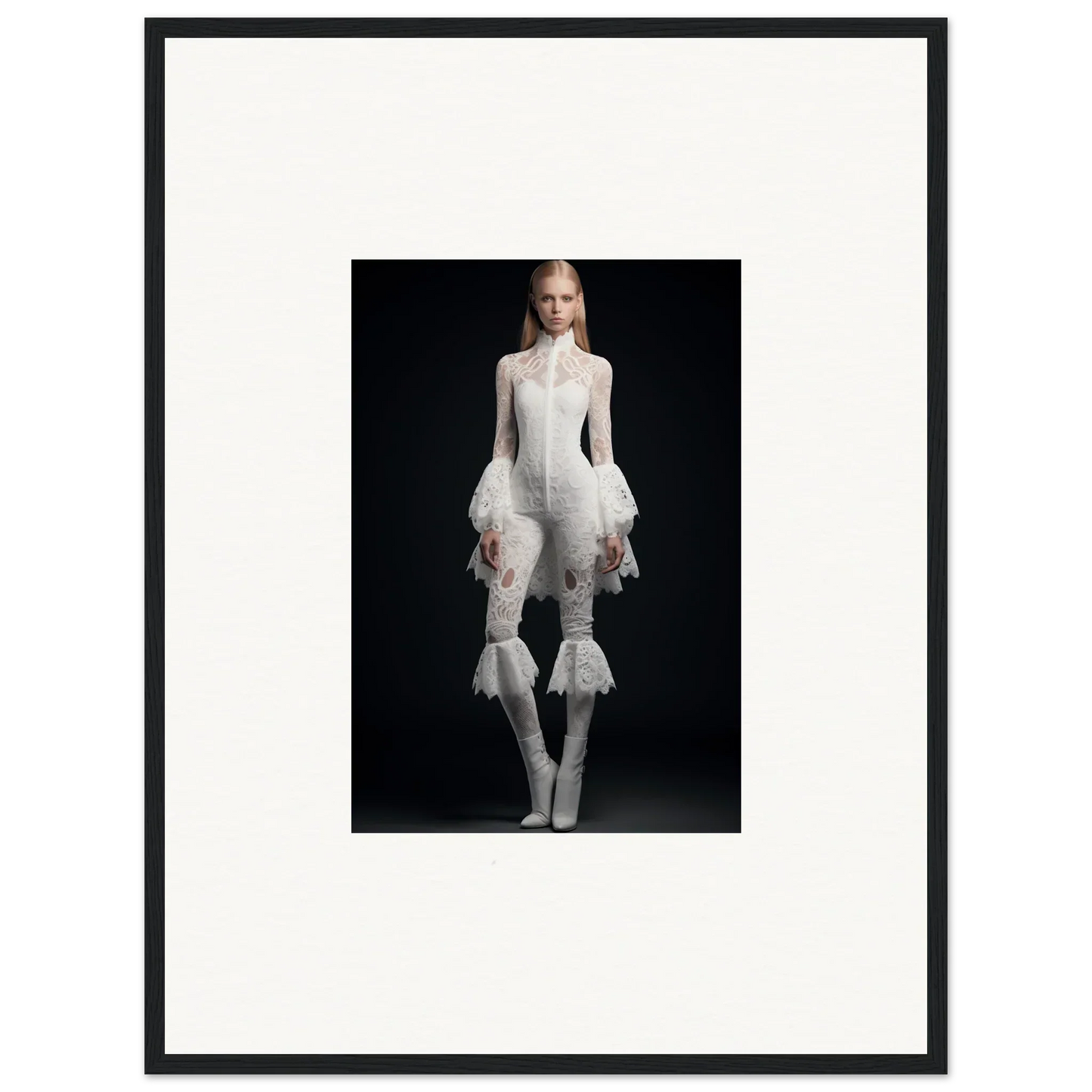 Framed wall art of a woman in an all-white avant-garde outfit for elegant room decor