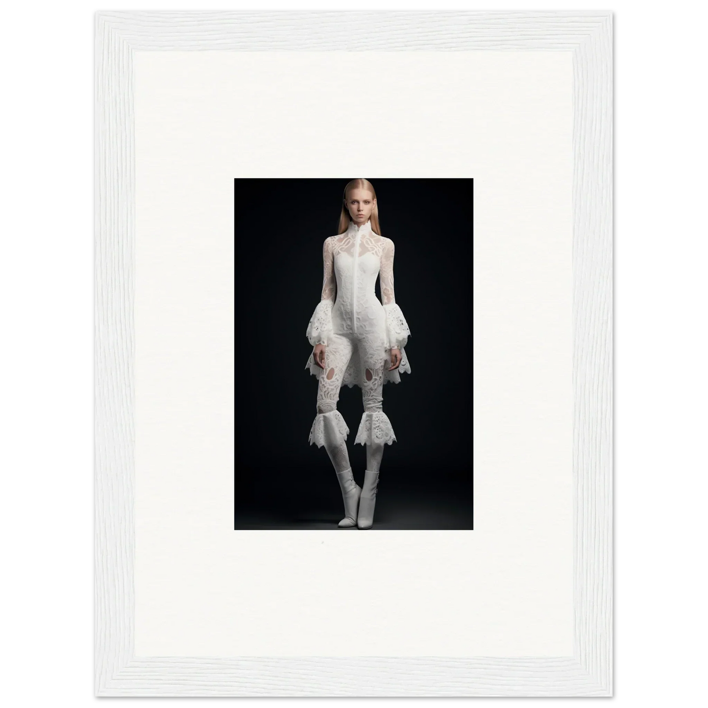 White avant-garde fashion ensemble with ruffled sleeves and flared pants for canvas prints