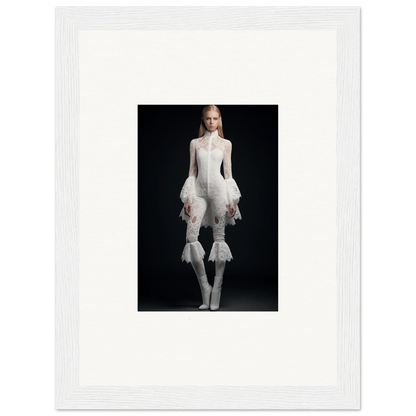 White avant-garde fashion ensemble with ruffled sleeves and flared pants for canvas prints