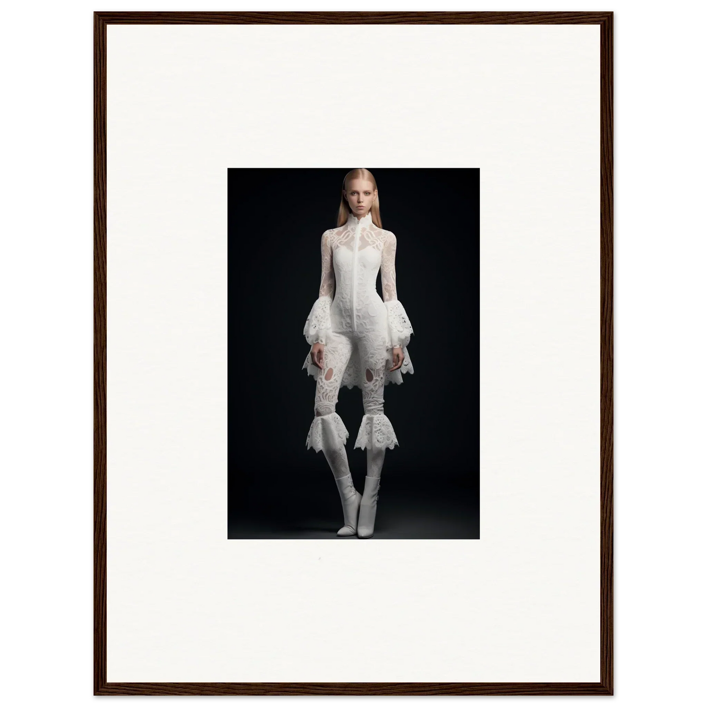 Framed wall art of a person in an all-white outfit with ruffled sleeves and pants