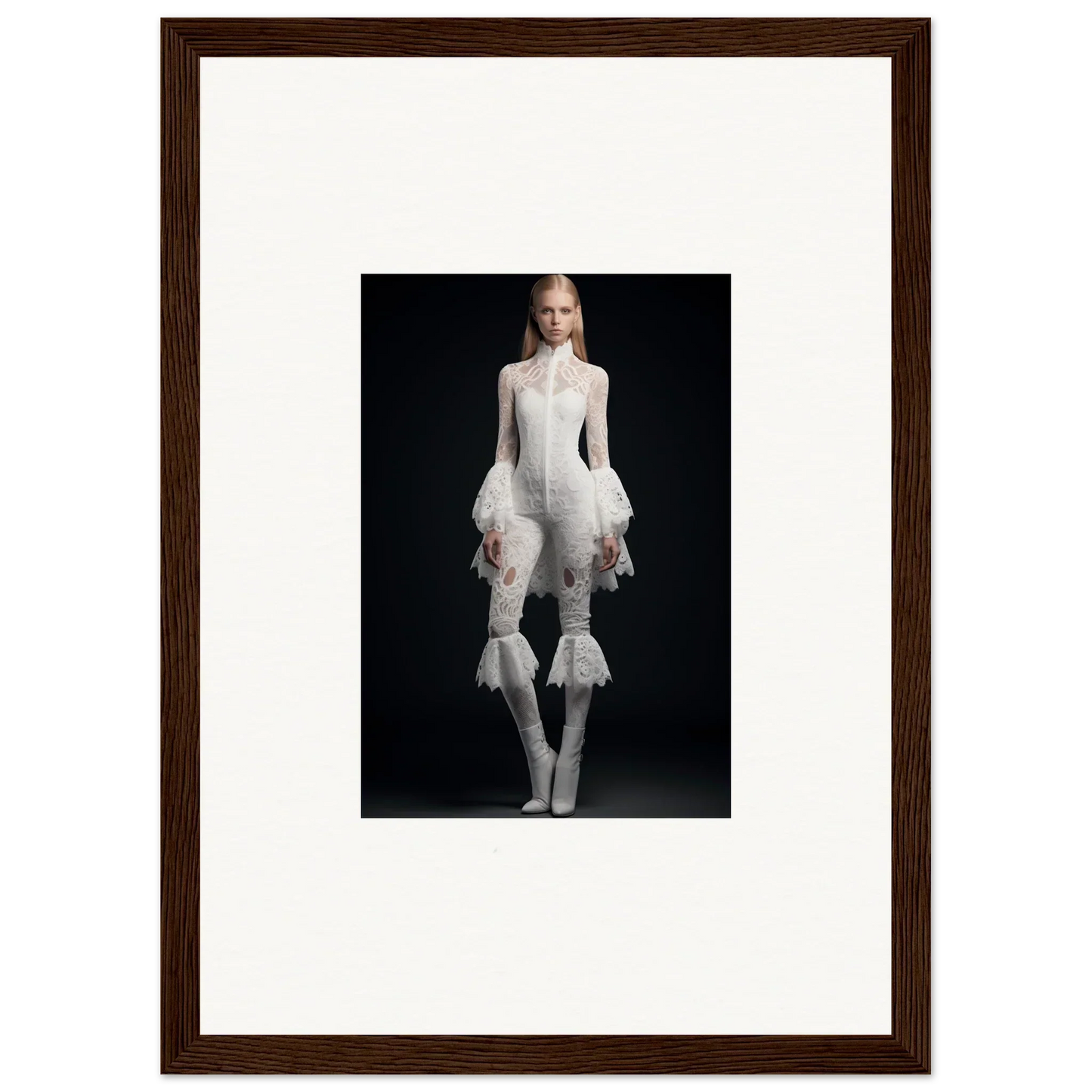 Framed wall art of a person in avant-garde white outfit for stylish room decor