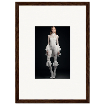 Framed wall art of a person in avant-garde white outfit for stylish room decor