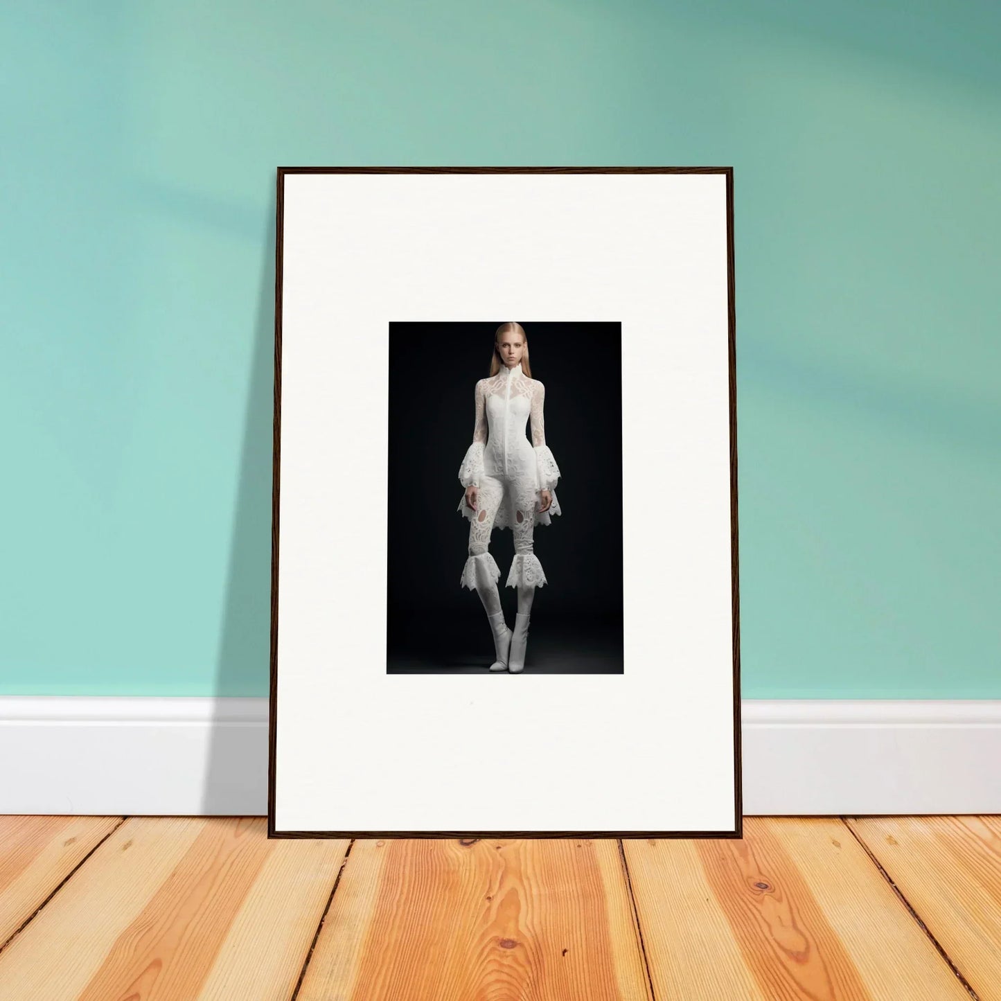 Framed wall art of a person in an elaborate white outfit, perfect for room decor