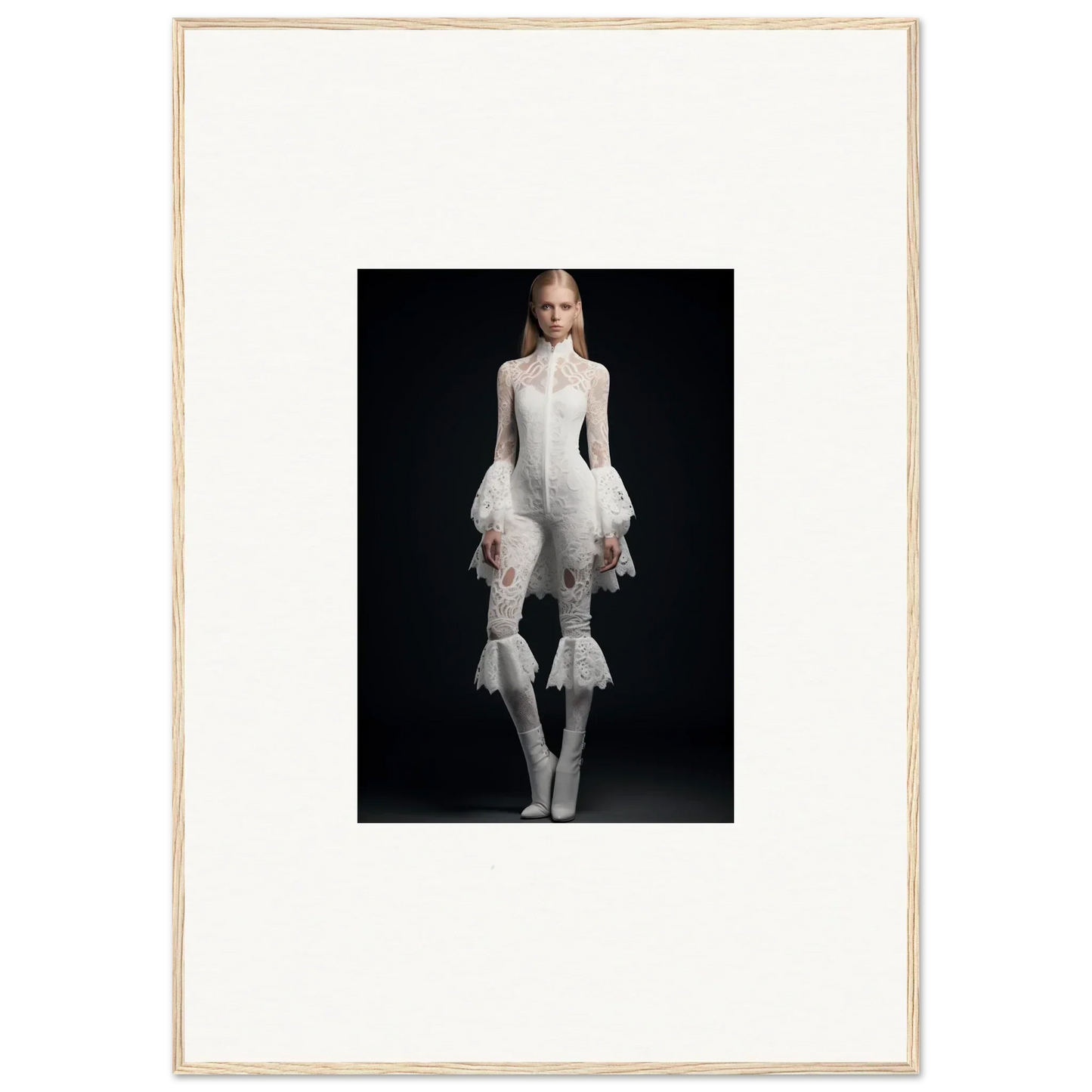 Framed wall art featuring a person in an avant-garde white outfit for stylish room decor