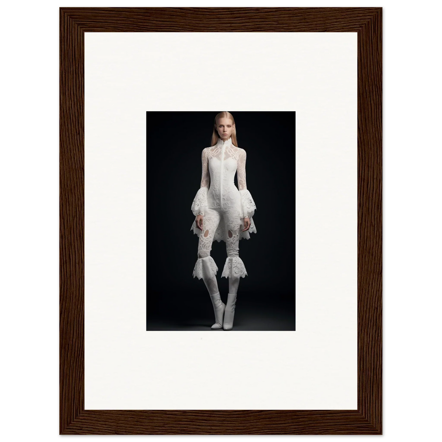 Framed wall art of person in avant-garde white outfit adds unique room decor