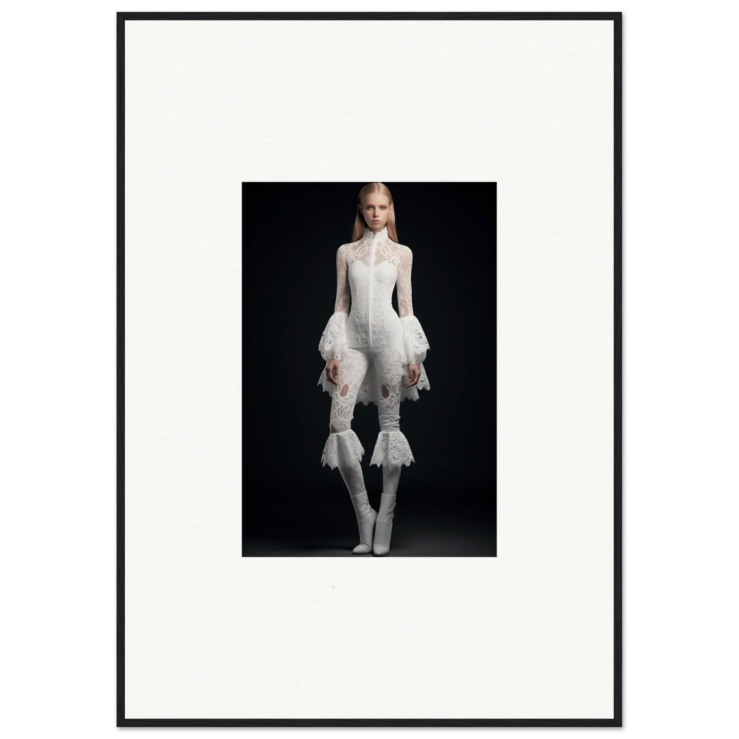 Framed wall art of person in avant-garde all-white outfit for stylish room decor