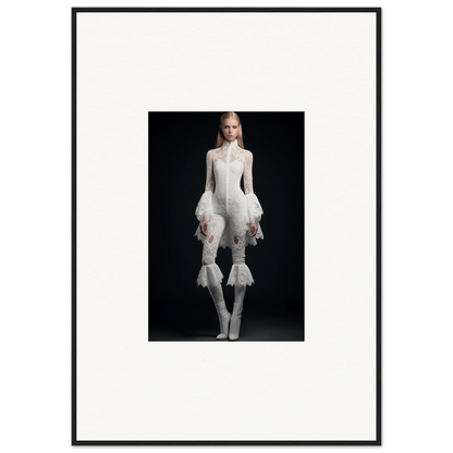 Framed wall art of person in avant-garde all-white outfit for stylish room decor