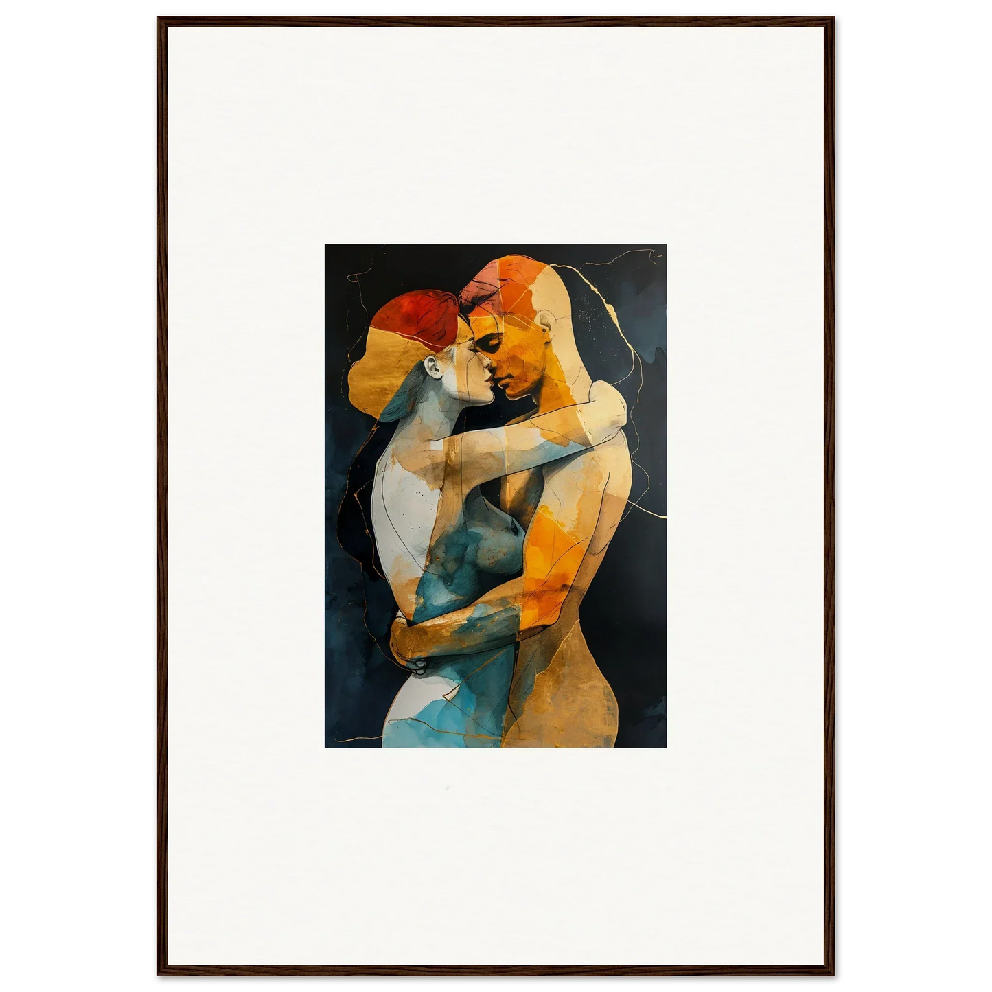 Abstract painting of embracing figures in warm tones for framed wall art and room decor