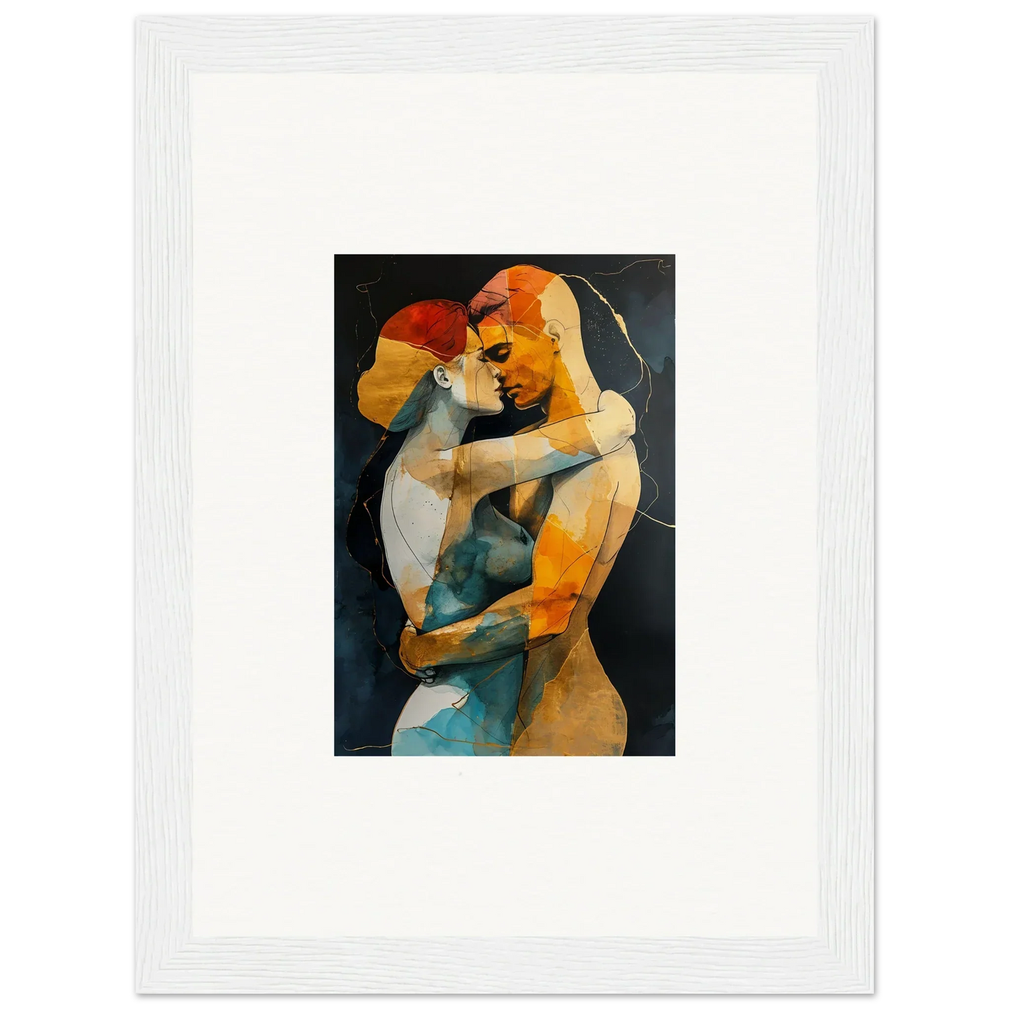 Framed wall art of intimate embrace waves in warm abstract colors for stylish room decor