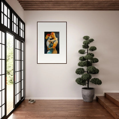 Framed wall art of vibrant intertwined figures, perfect for room decor, Ethereal Embrace Waves