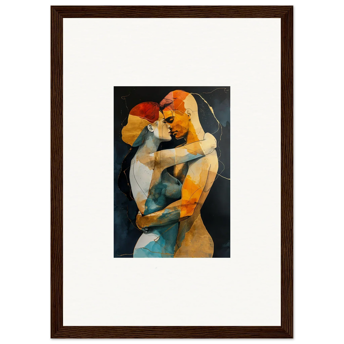 Framed wall art of vibrant embrace waves between two figures for unique room decor