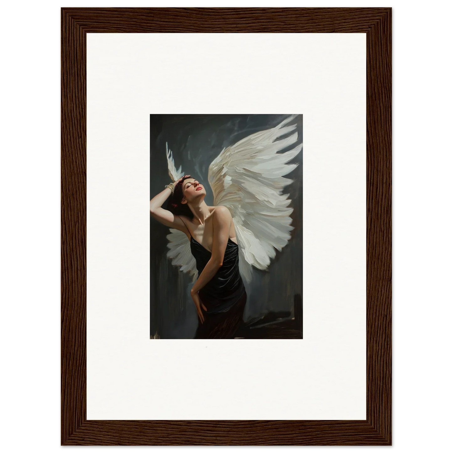 Framed canvas print of a femme ascent figure with large wings, perfect room decoration