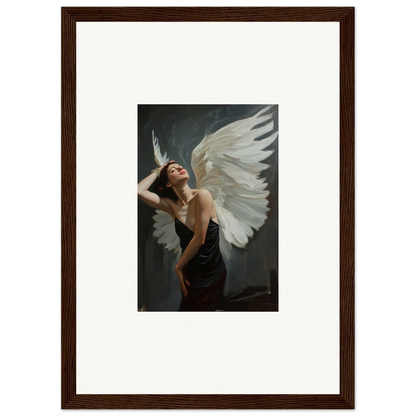 Framed canvas print of a figure with white wings for femme ascent room decoration