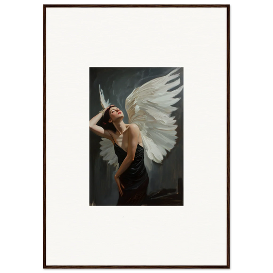 Framed canvas print of a figure with white wings, perfect for femme ascent room decoration