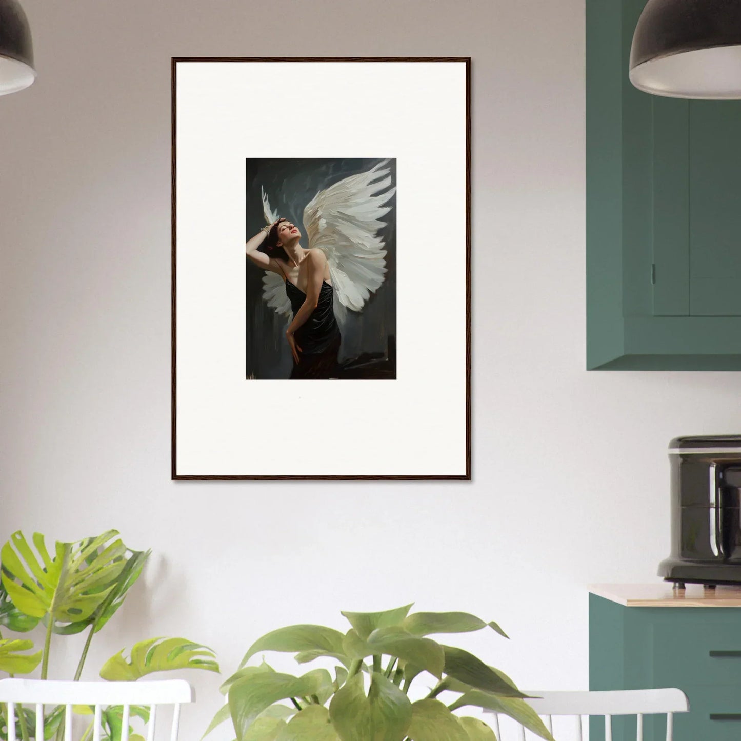 Framed canvas print of Femme Ascent with a figure soaring on large white wings