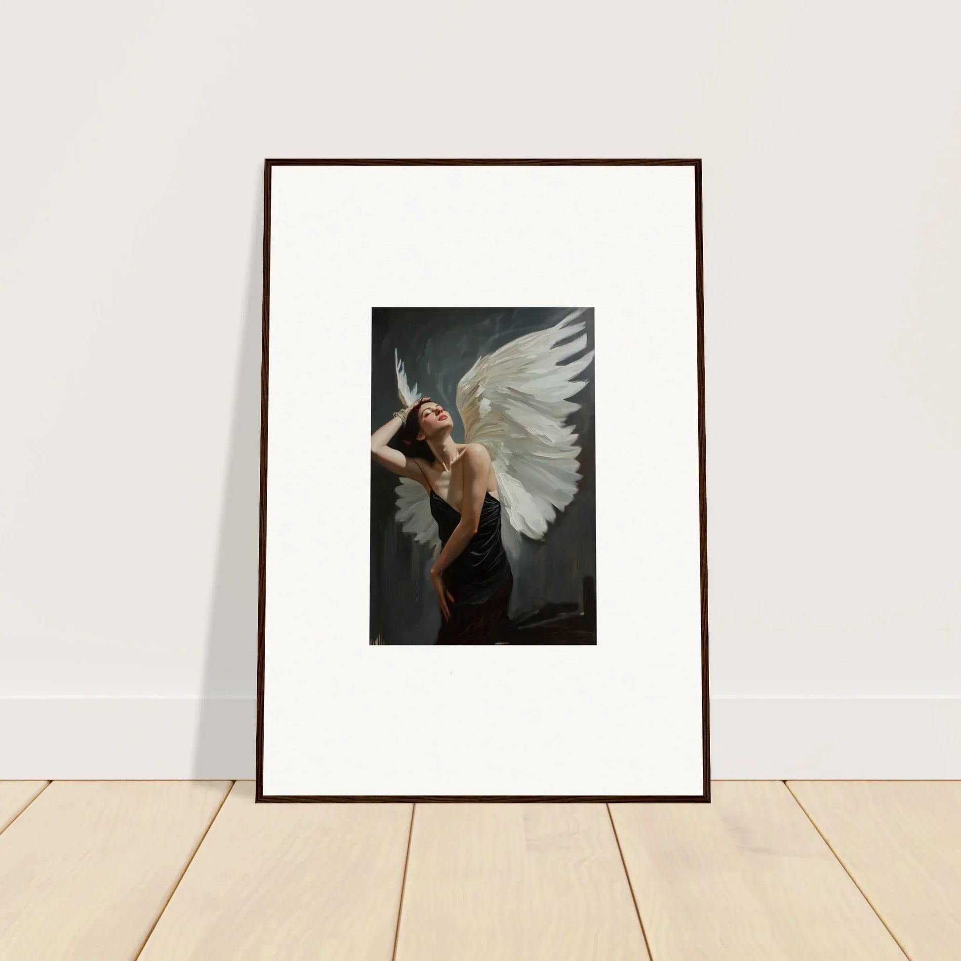 Framed canvas print of a figure with white wings for stunning femme ascent room decoration