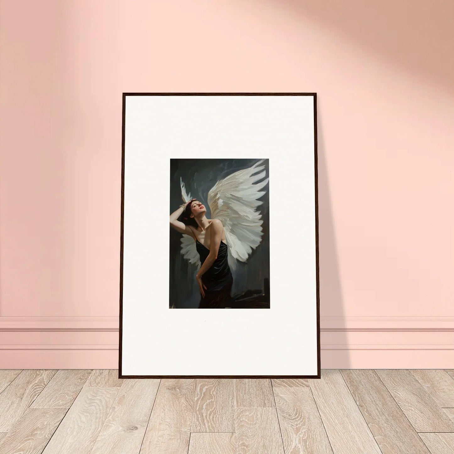 Framed Ethereal Femme Ascent canvas print of a figure with white wings for room decoration