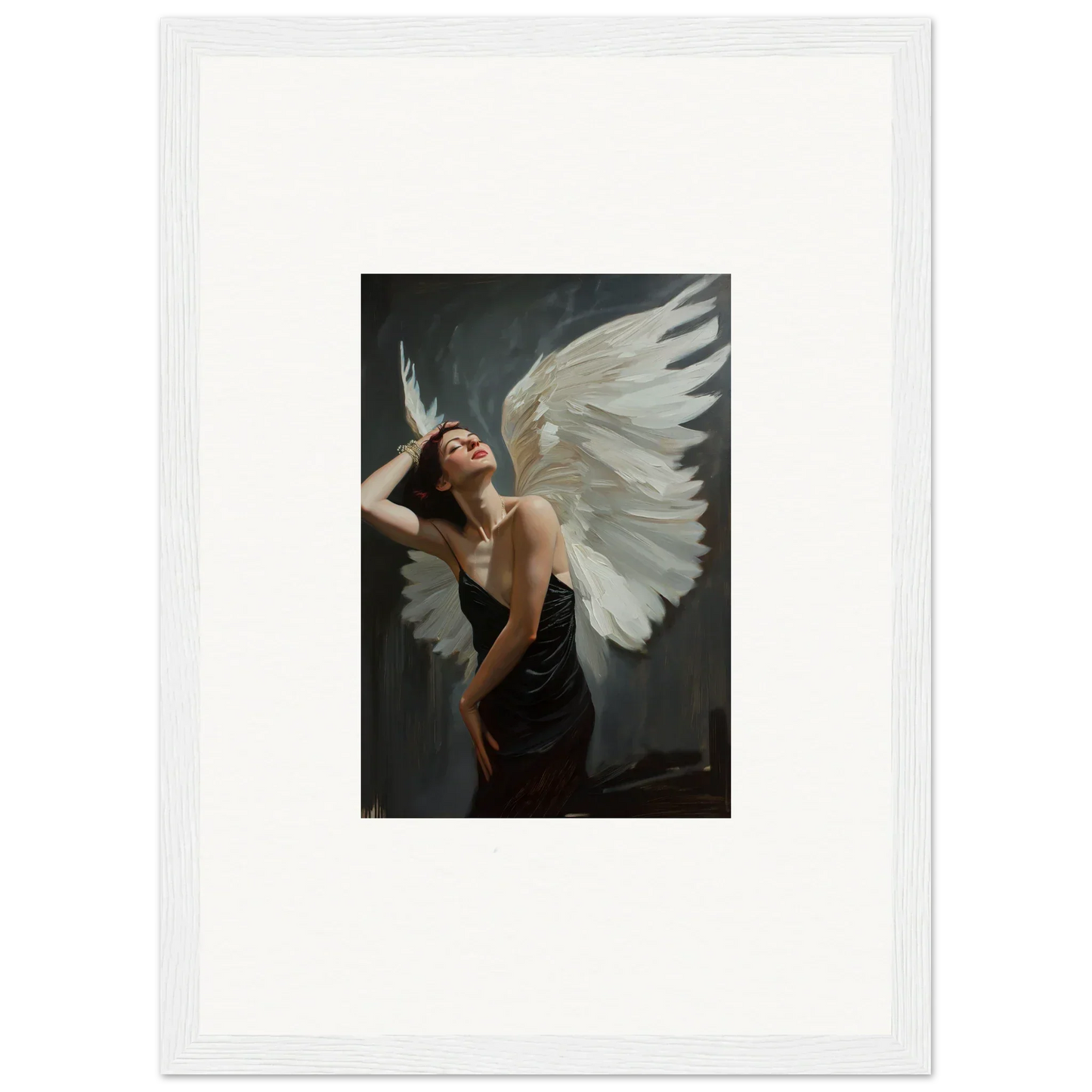 Framed canvas print of a figure with white wings for stunning femme ascent room decoration