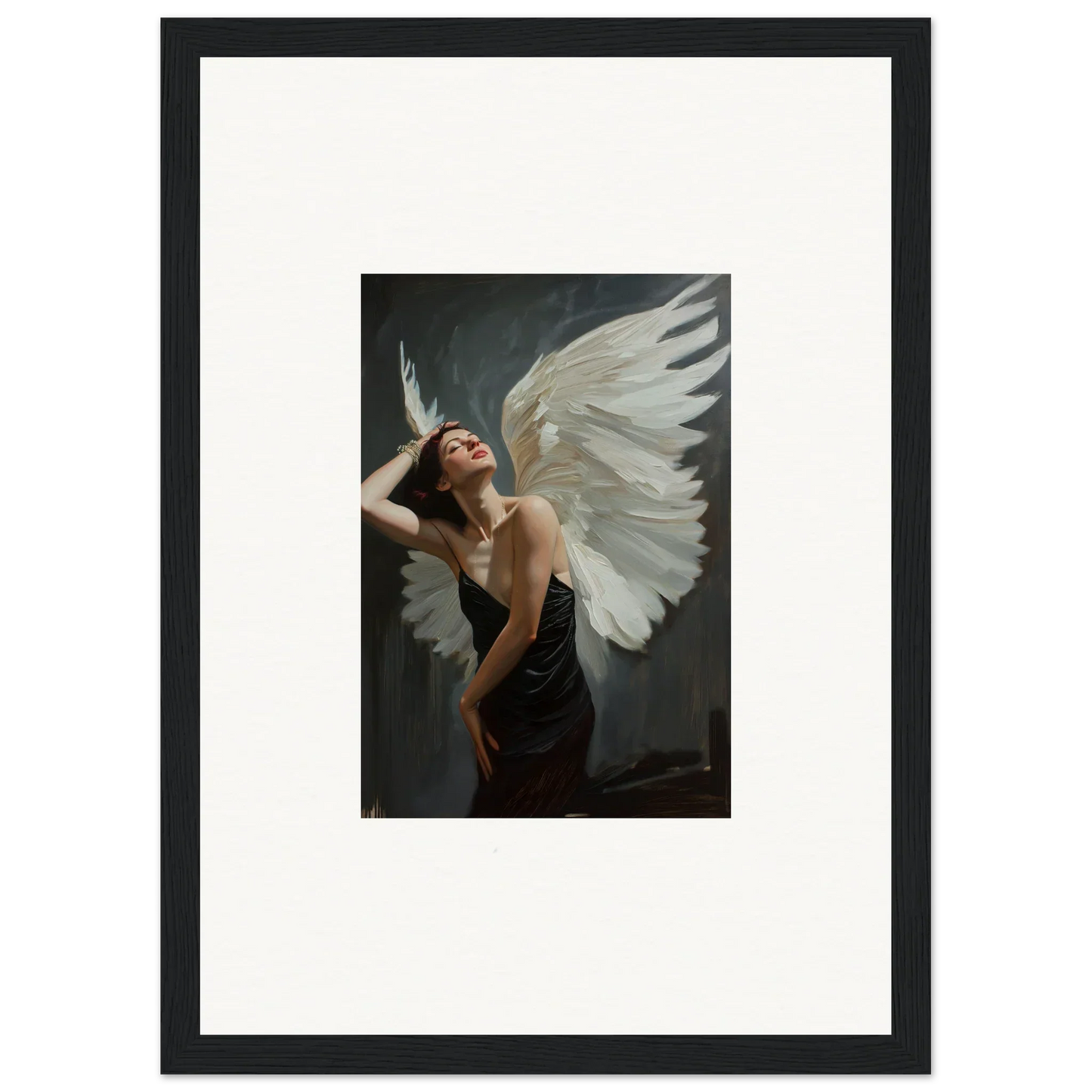 Ethereal Femme Ascent canvas print shows a woman with white wings, perfect for room decoration