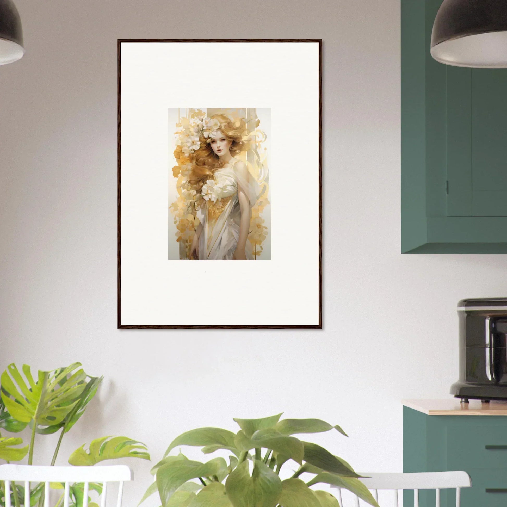 Framed wall art of a woman with flowing hair in Ethereal Flora Serenade style