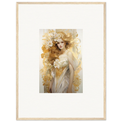 Framed wall art of an ethereal woman in golden hues for serene room decor