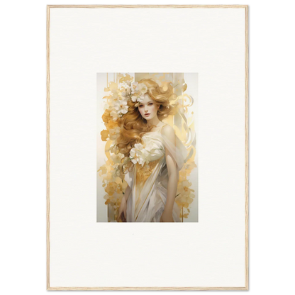 Framed wall art of an ethereal woman with golden hair in Flora Serenade decor