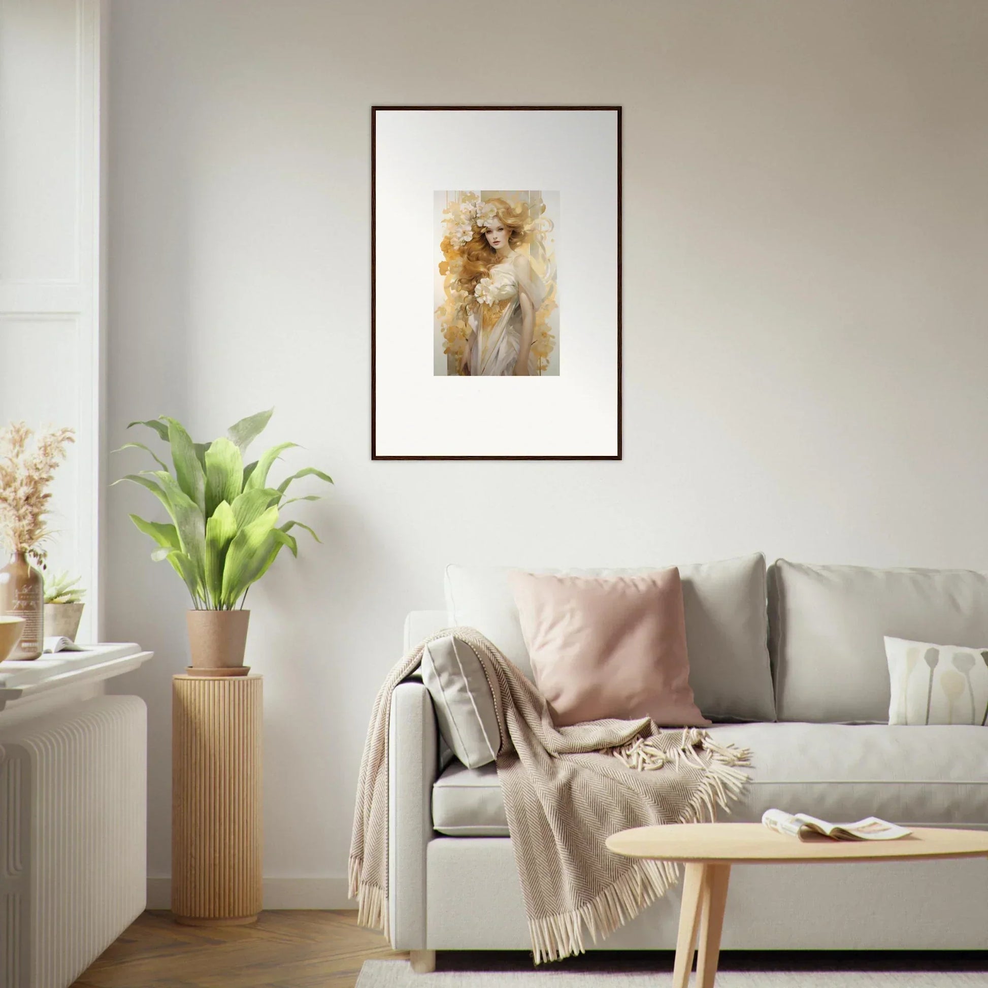 Framed wall art of a woman in warm tones for elegant room decor - Ethereal Flora Serenade