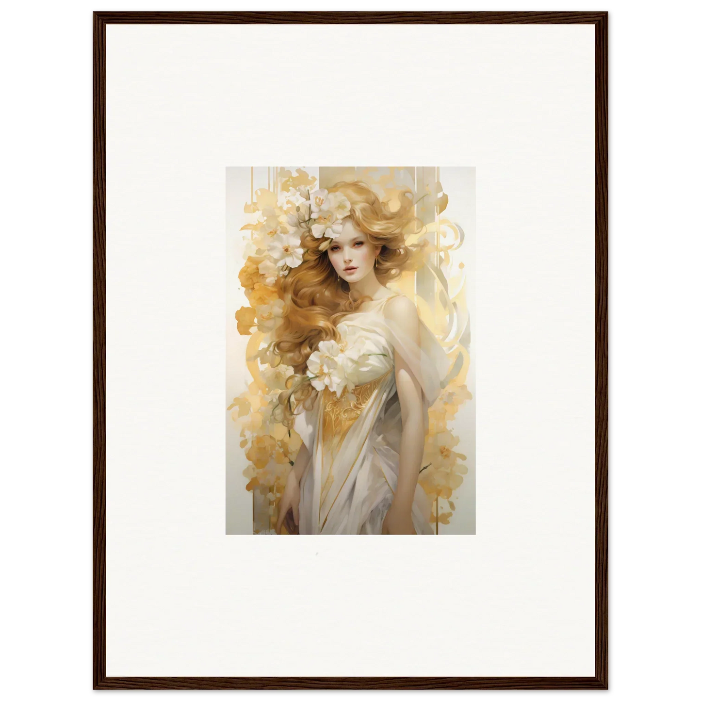 Framed wall art of an ethereal woman with golden hair for elegant room decor