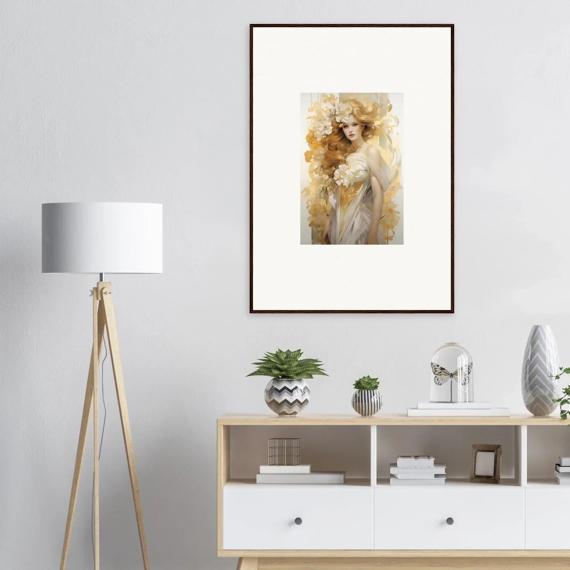 Framed watercolor painting of a figure in warm tones for elegant room decor, Flora Serenade