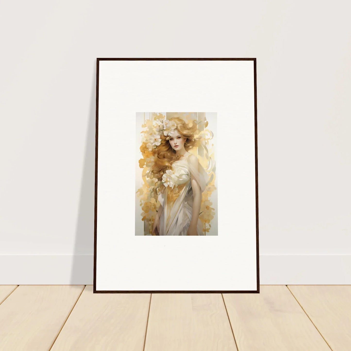 Framed wall art of a woman with blonde hair in Ethereal Flora Serenade style