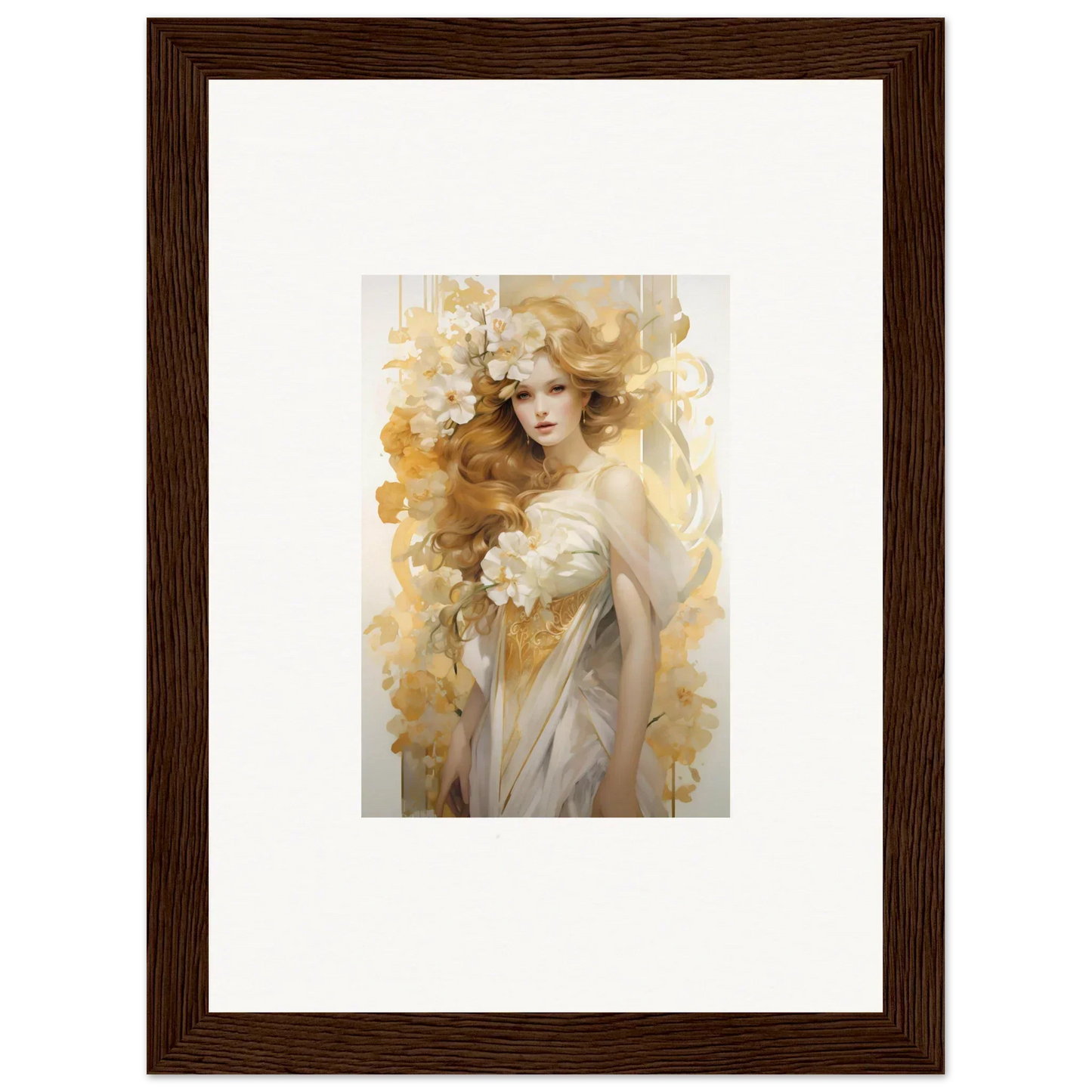 Framed wall art of an ethereal woman amidst flowers, perfect for room decor