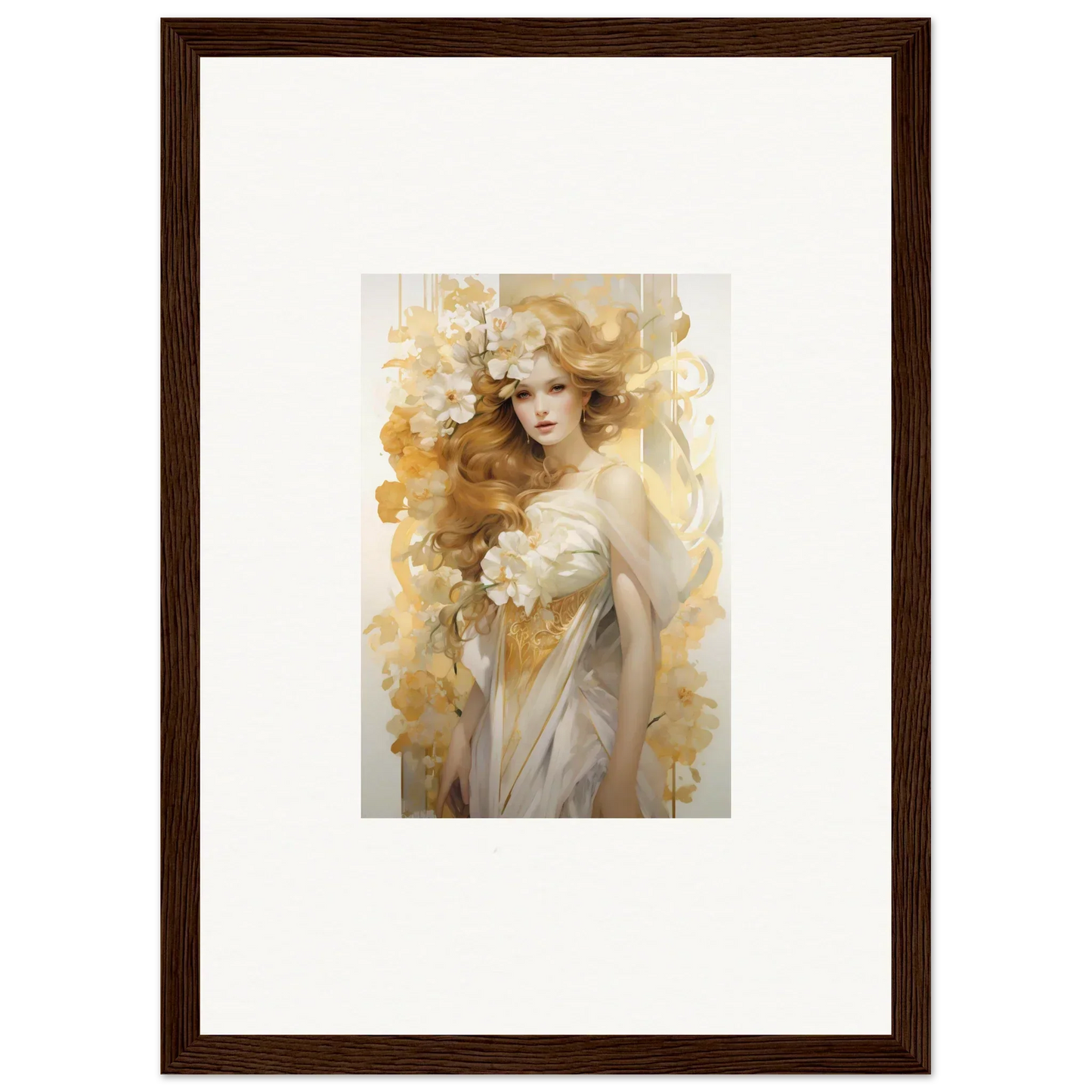 Framed wall art of an ethereal woman with flowers, perfect for room decor or Flora Serenade