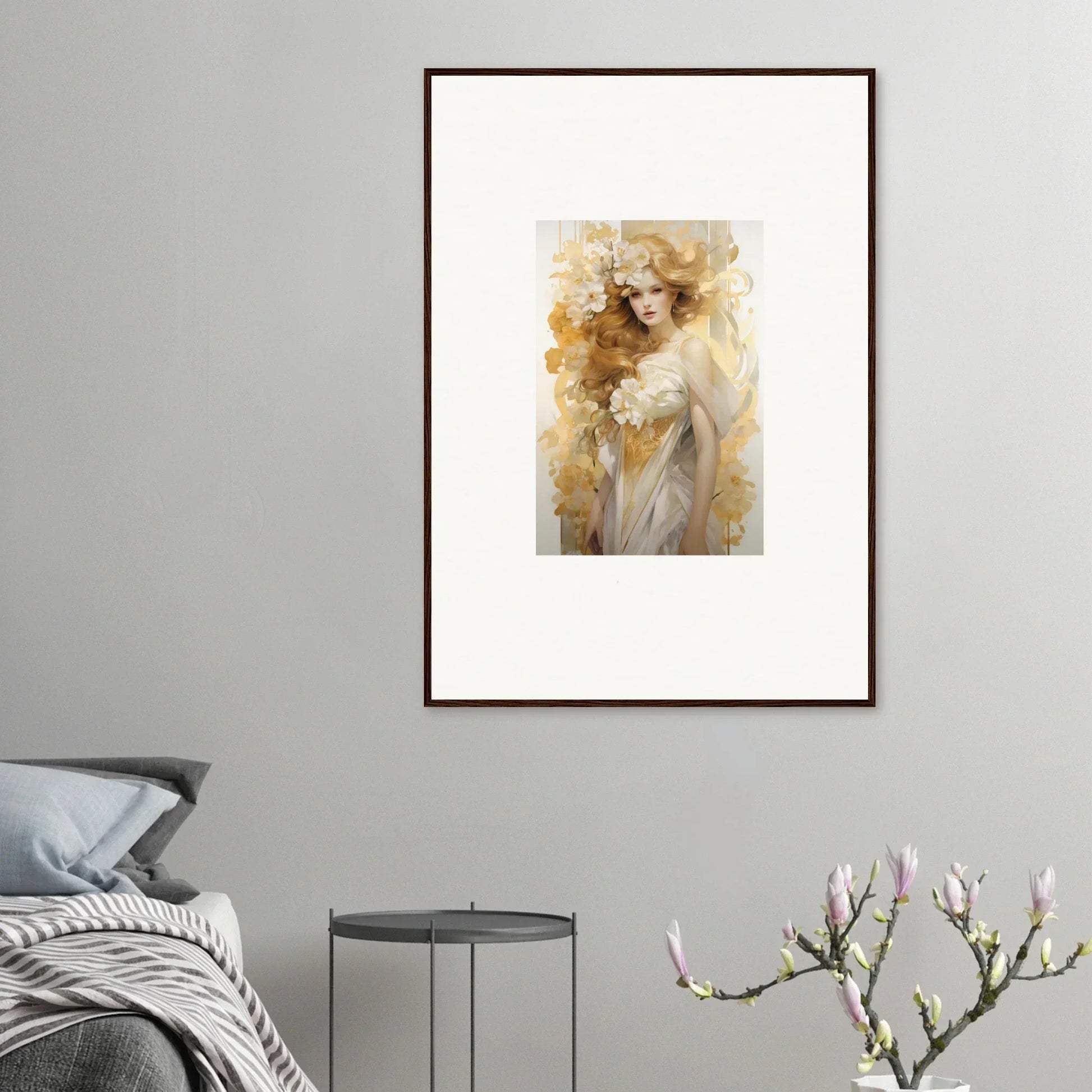 Framed wall art featuring Ethereal Flora Serenade in soft golden tones for elegant room decor