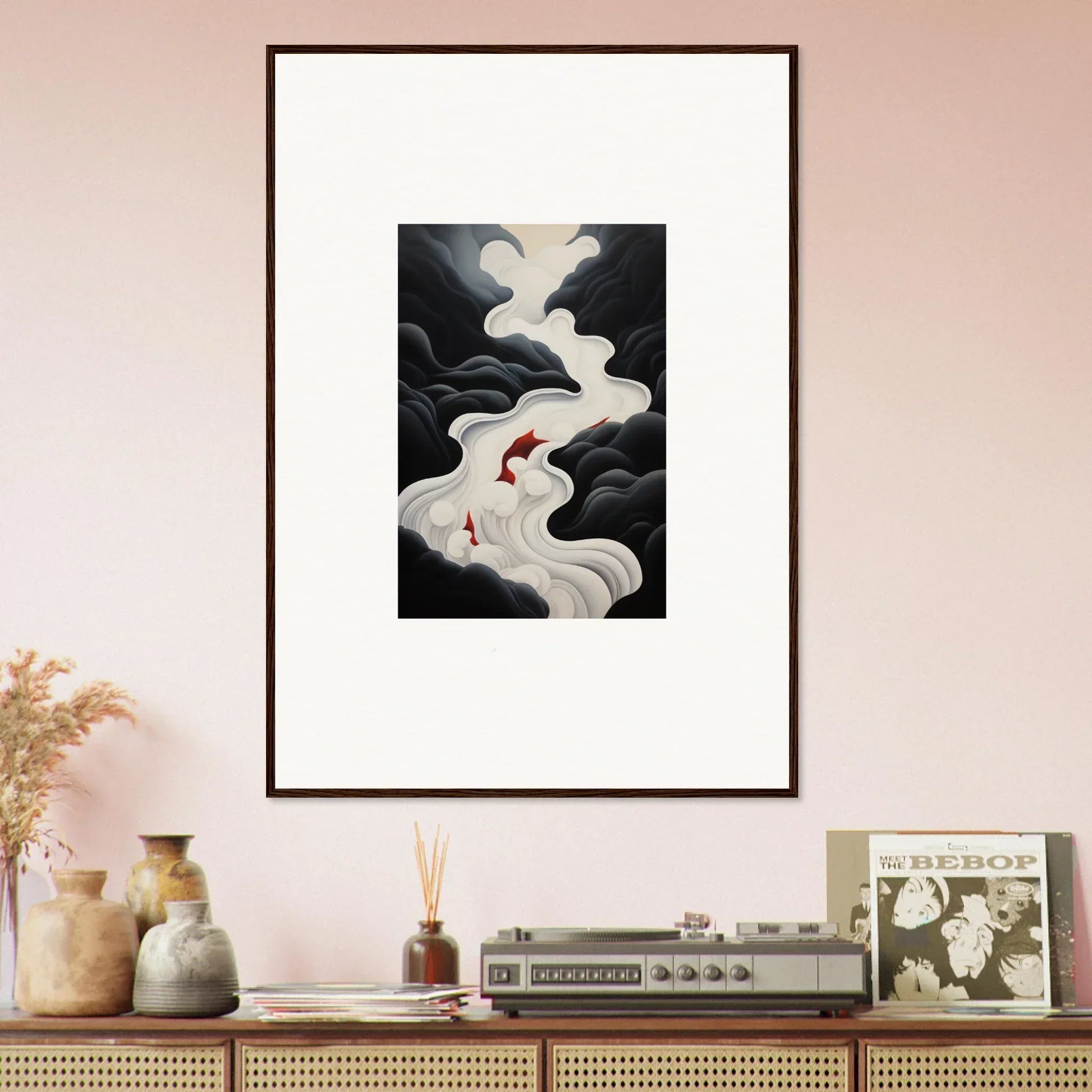 Framed wall art of Ethereal Flux Dream with flowing smoke patterns and red accents