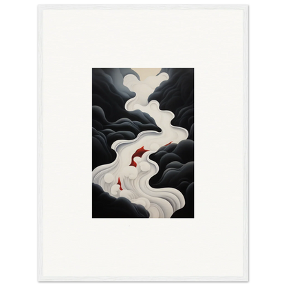 Two red koi fish swim through white mist in Ethereal Flux Dream framed wall art