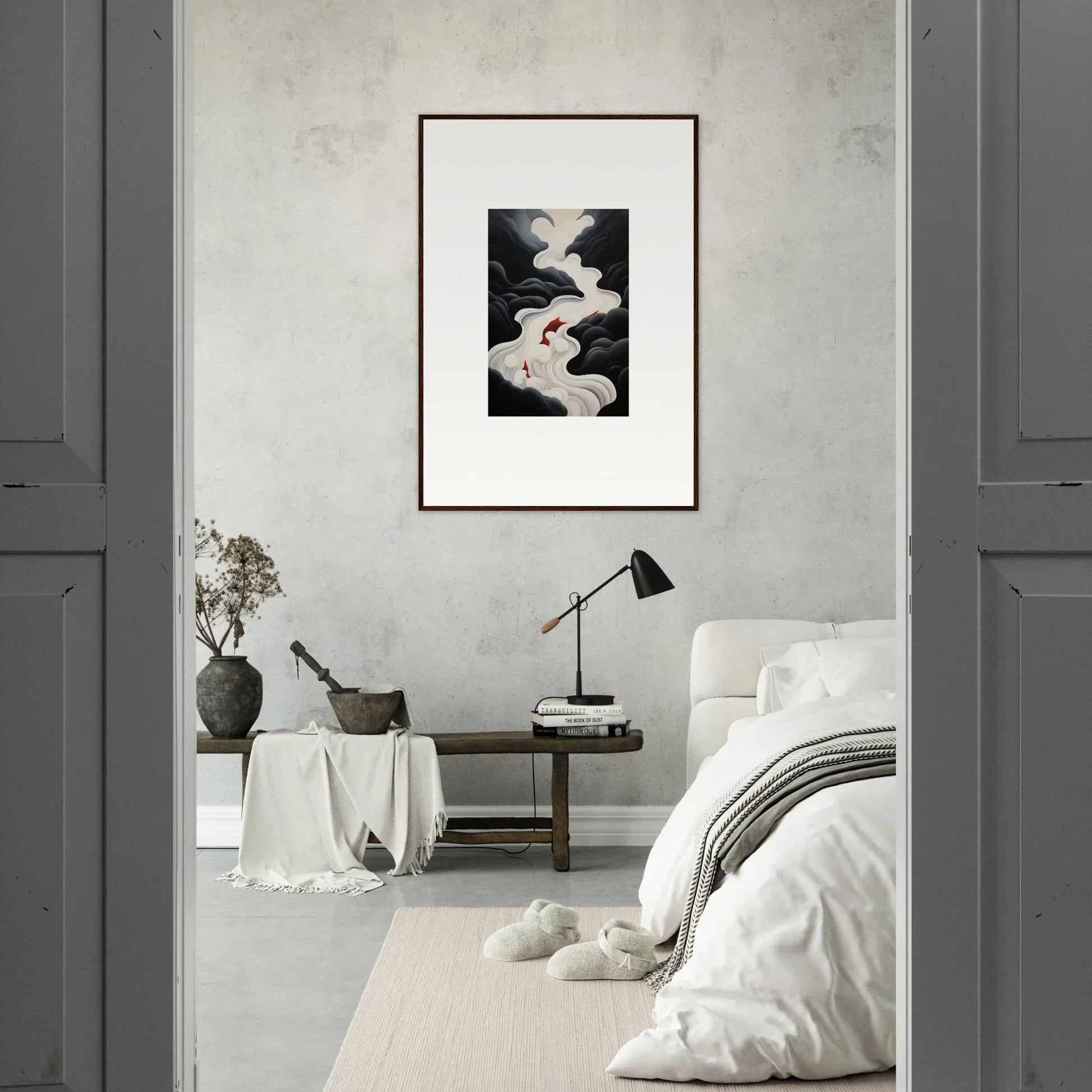 Monochromatic bedroom showcasing Ethereal Flux Dream framed wall art as the focal point