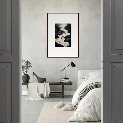 Monochromatic bedroom showcasing Ethereal Flux Dream framed wall art as the focal point