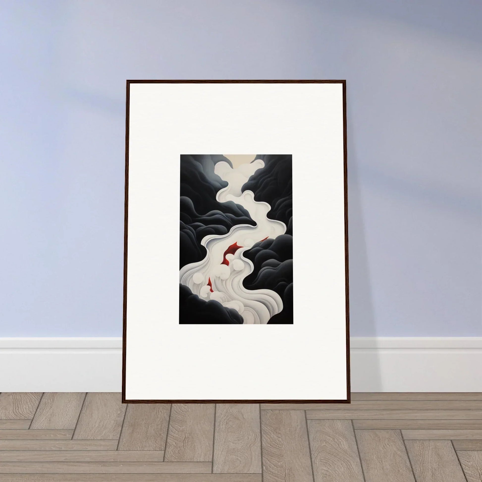 Framed wall art of a red crane in swirling clouds from Ethereal Flux Dream special edition art