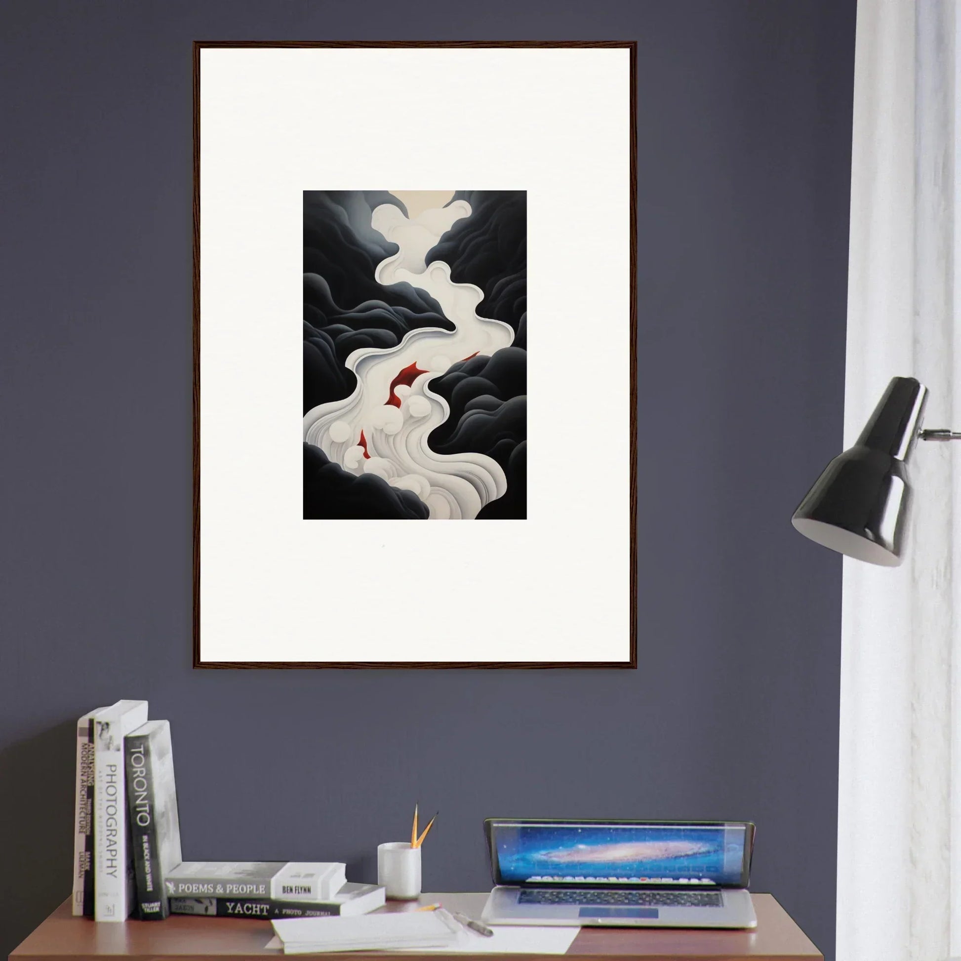 Framed wall art of Ethereal Flux Dream with swirling smoke and red accents