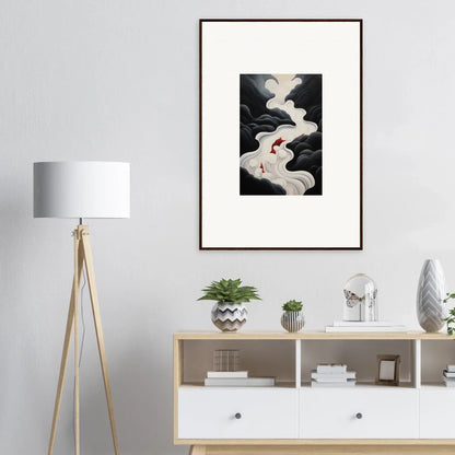 Ethereal Flux Dream framed wall art with swirling black and white smoke and a red accent