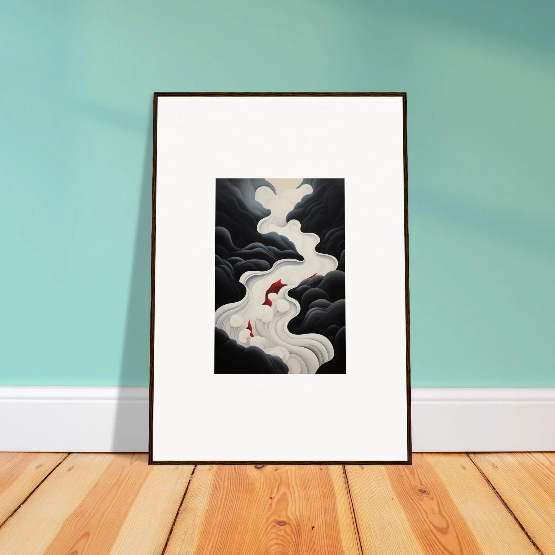 Framed wall art of swirling smoke and clouds with red accents in Ethereal Flux Dream