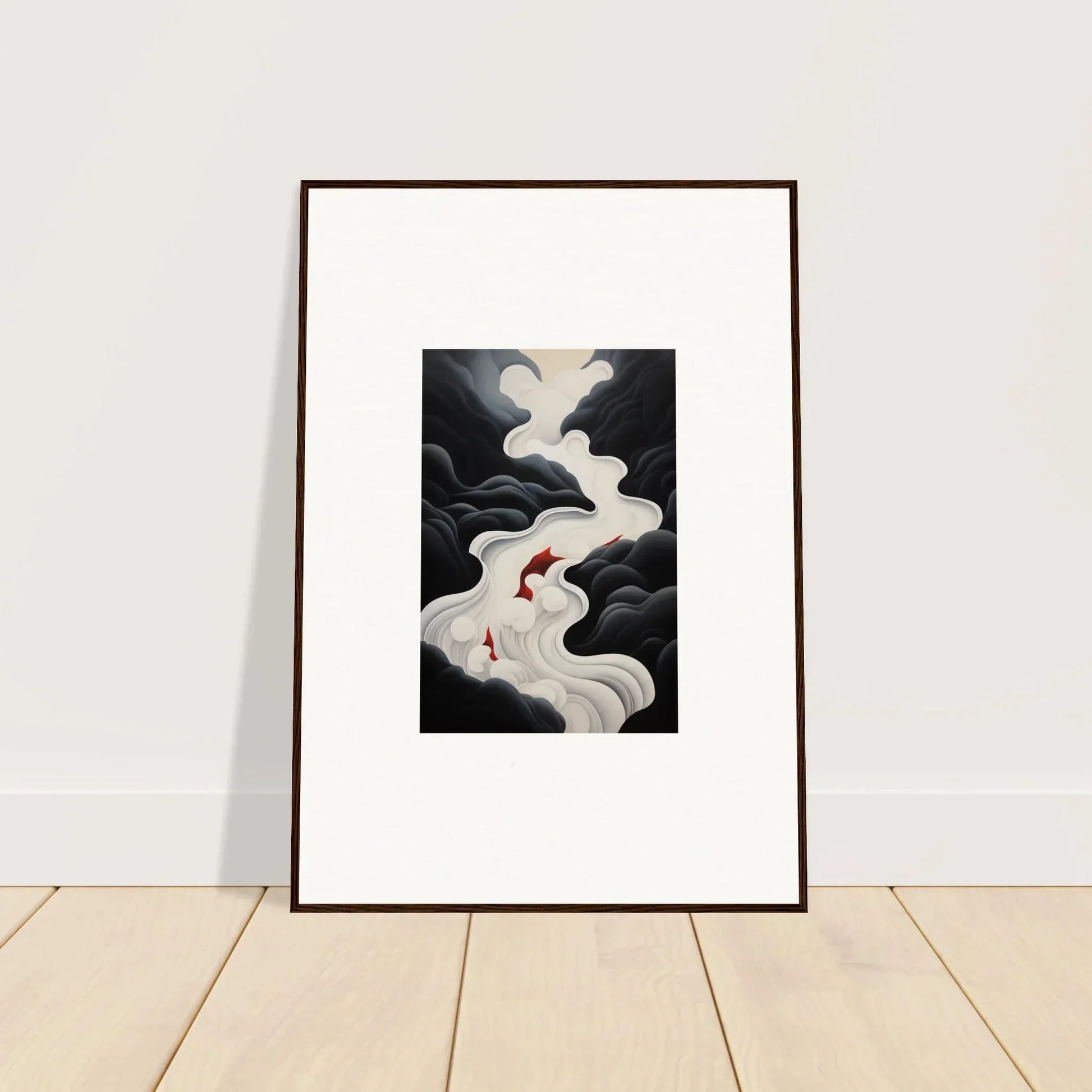 Ethereal Flux Dream framed wall art with white smoke and red accents on a black background