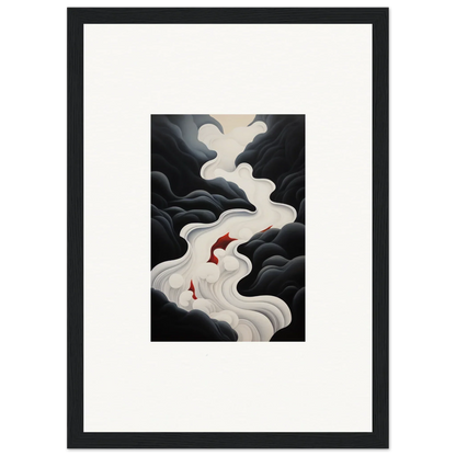 Red koi fish swim through a white stream in dark clouds, Ethereal Flux Dream art