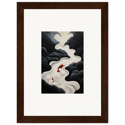 Framed wall art of red koi fish in Ethereal Flux Dream swimming up a white waterfall