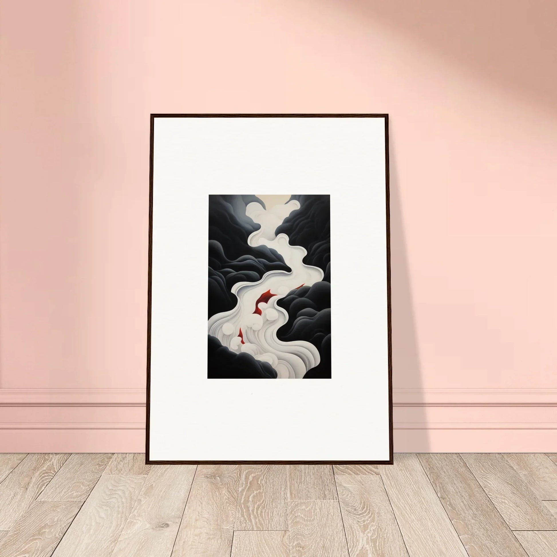 Framed wall art of swirling smoke patterns in black and white with a red accent from Ethereal Flux Dream