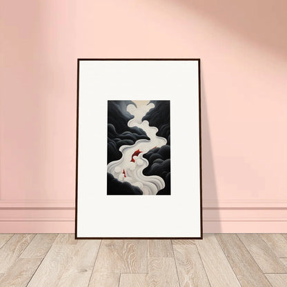 Framed wall art of swirling smoke patterns in black and white with a red accent from Ethereal Flux Dream