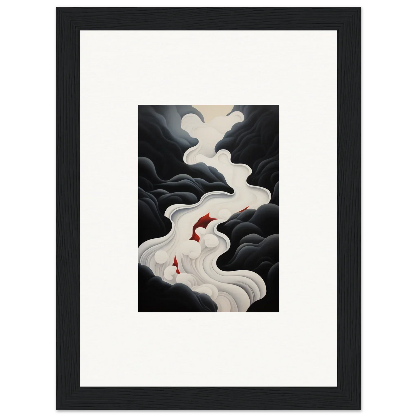 Two red koi fish swim up a white waterfall in Ethereal Flux Dream framed wall art